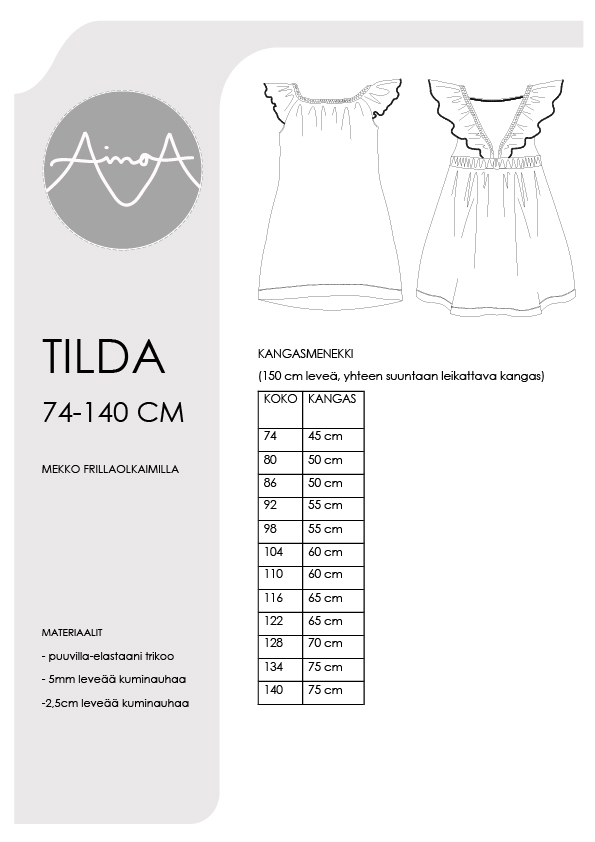 Ainoa: Tilda, frillaolkainen mekko, 74-140 cm, PAPERIKAAVA - Image 2