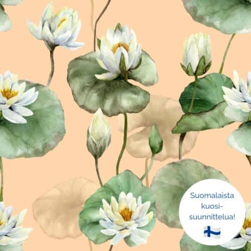 Persikanvärinen lumpeenkukkiin ja vihreisiin lehtiin toistuva kuosi.
