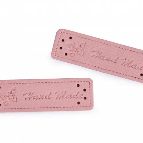 Hand made, perhonen, vaaleanpunainen, ompelumerkki