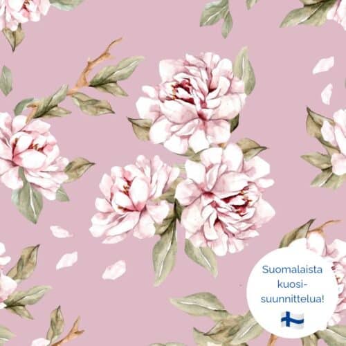 Vaaleanpunaisella pohjalla on vaaleita kukkia ja vihreitä lehtiä toistava kukkakuosi.