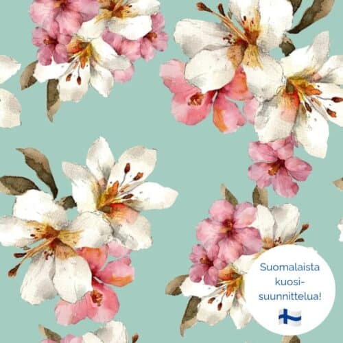 Turkoosimintulla pohjalla on vaaleanpunaisia ja valkoisia liljakukkia.