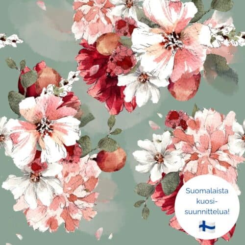 Vihreäpohjaisessa luomutrikookuosissa on suuria punavalkoisia kukkia ja lehtiä.